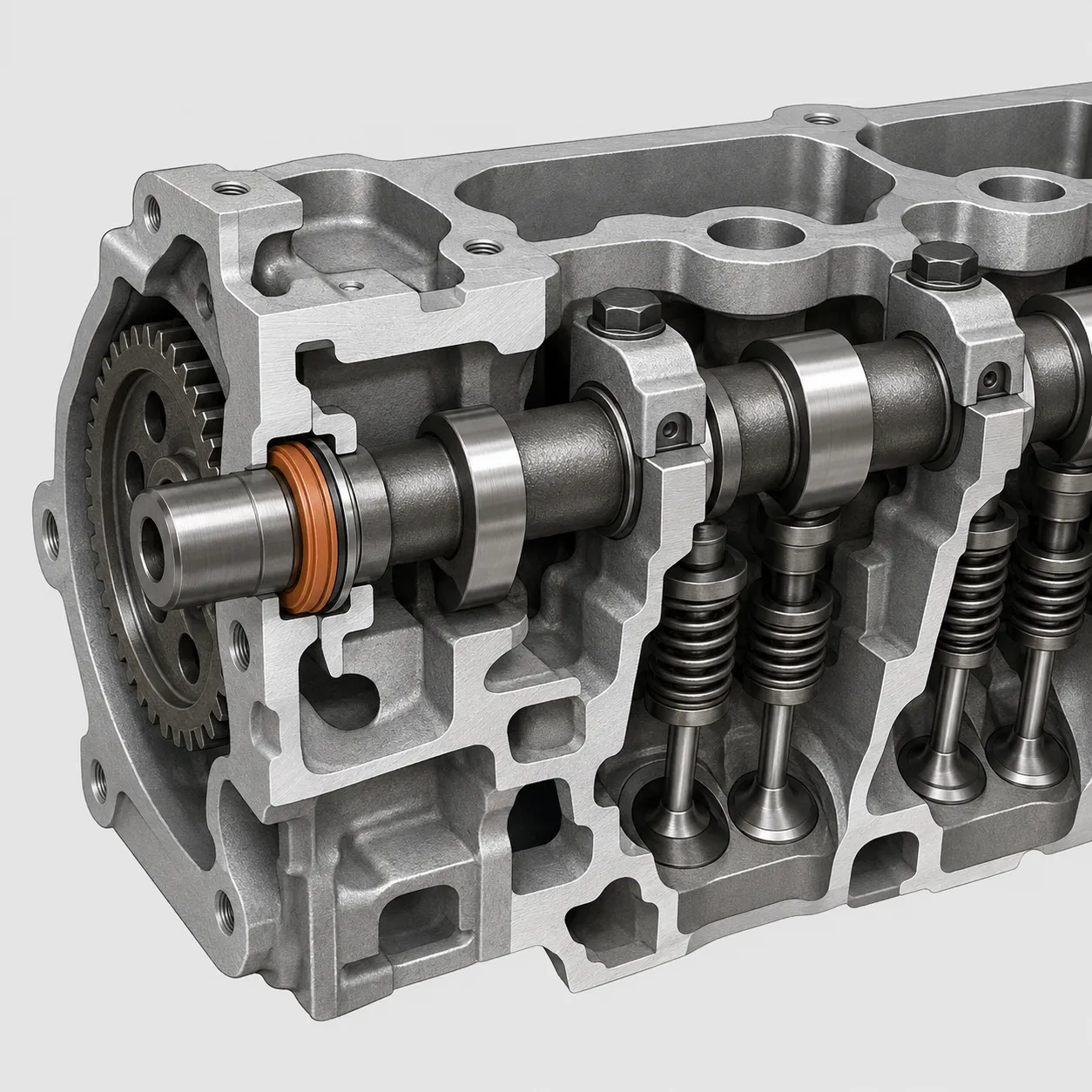 Camshaft Oil Seal Location in an Engine Camshaft oil seal location near the cylinder head and timing cover