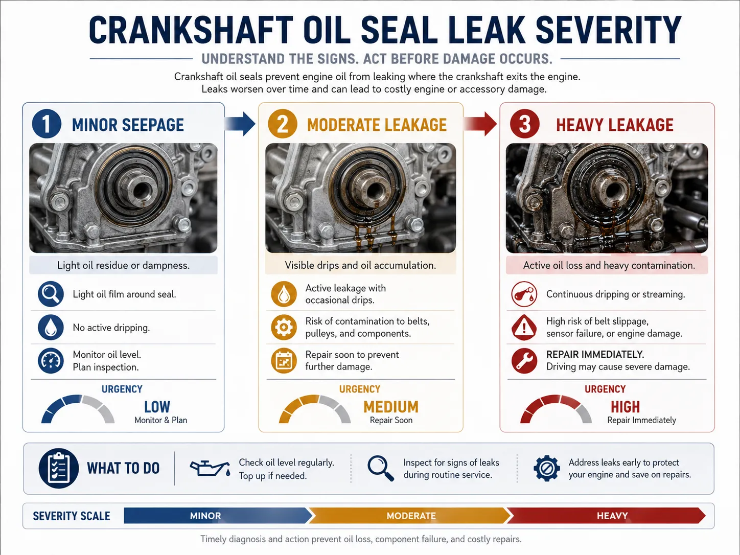 How Serious Is a Crankshaft Oil Seal Leak? Crankshaft oil seal leak severity chart showing minor, moderate, and heavy leakage