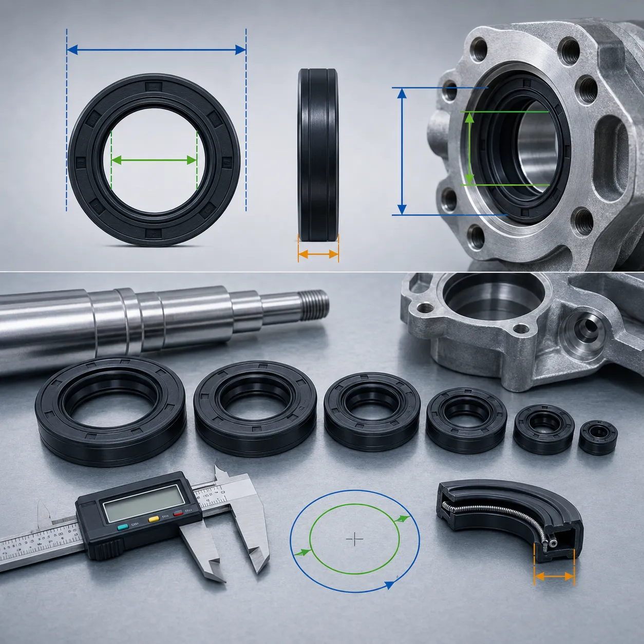 Rotary oil seals in different sizes with a caliper for ID OD and width measurement