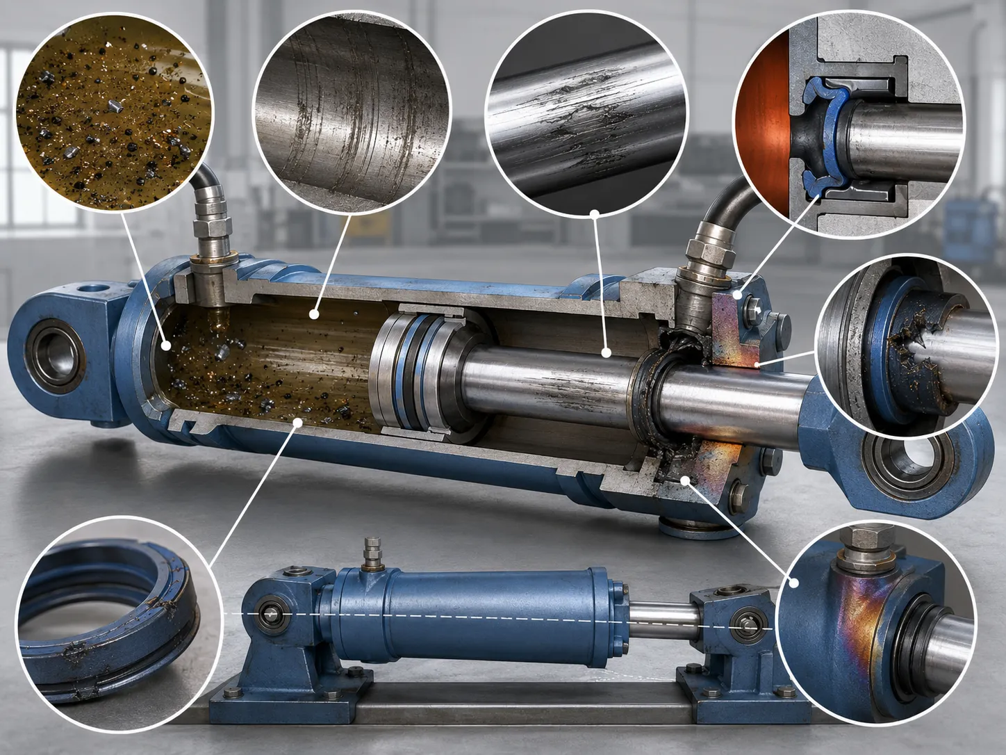 Hydraulic seal failure causes including contamination rod damage pressure extrusion heat side loading and installation damage