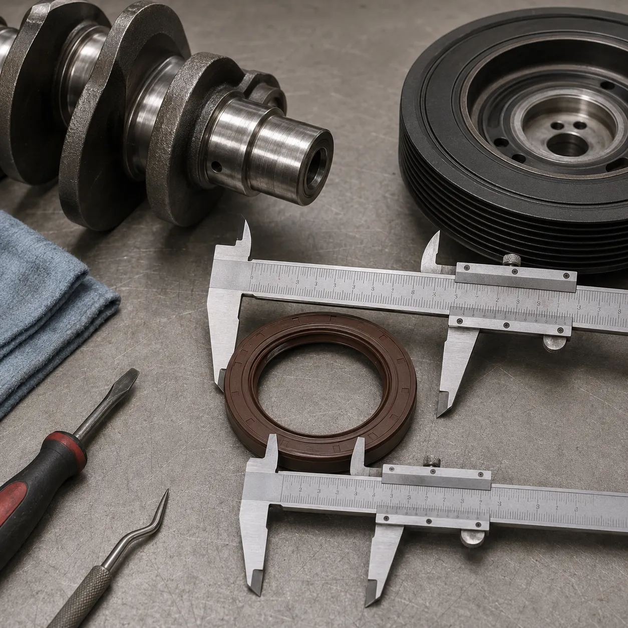 Measuring a Replacement Crankshaft Oil Seal.png Caliper measuring a replacement crankshaft oil seal before installation.png