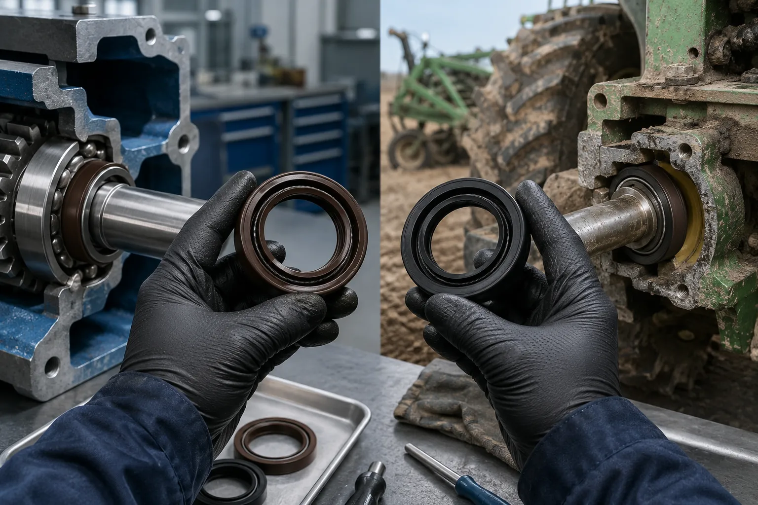Selecting TC or SC Oil Seals for Different Environments Technician comparing TC and SC oil seals for a clean indoor machine and dusty outdoor equipment