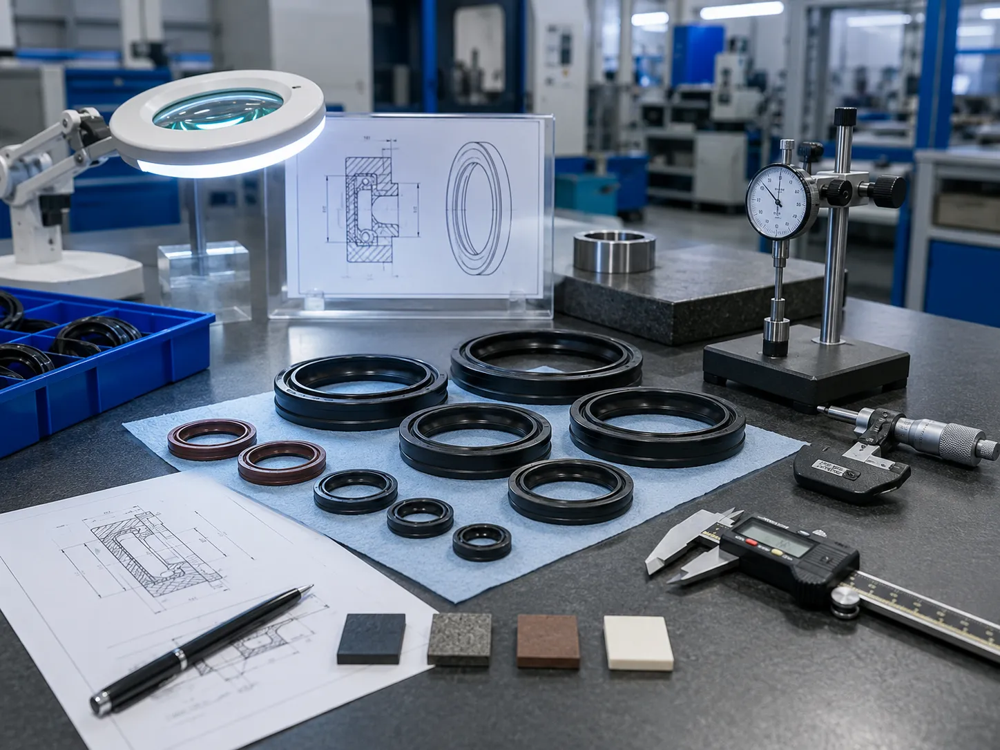 Rotary oil seals being inspected with measuring tools and technical documents