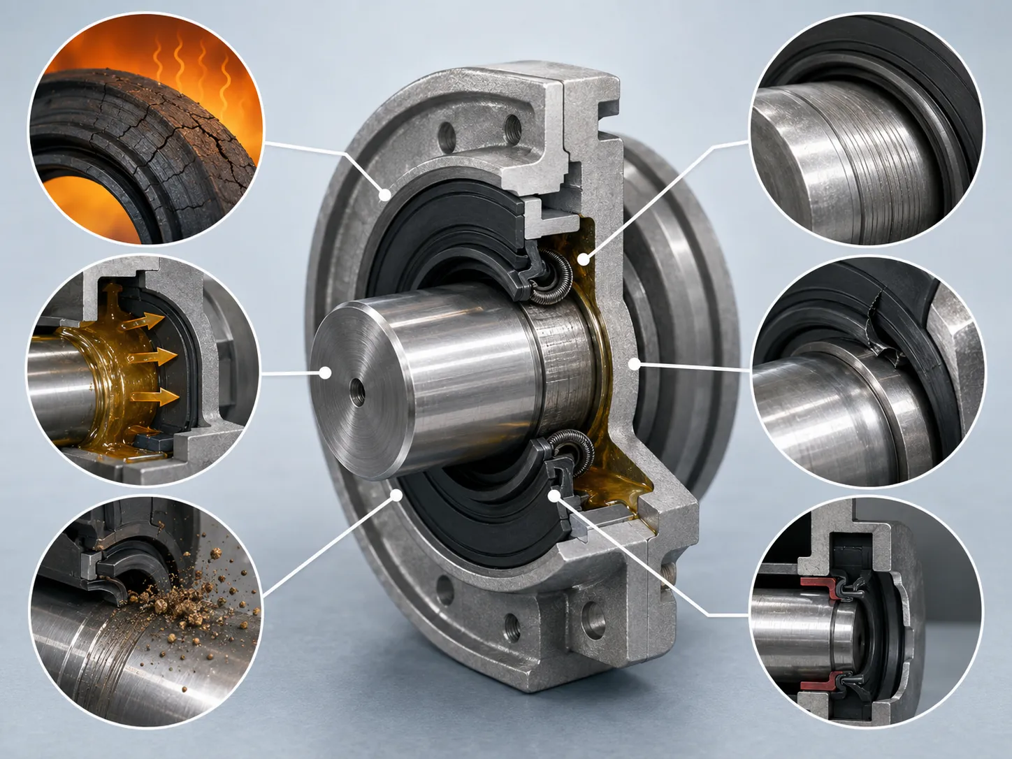Common oil seal failure causes including heat, shaft wear, pressure, contamination, and poor installation