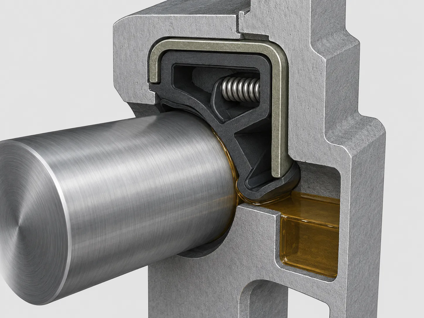 Cross-section of a rotary oil seal showing the sealing lip, spring, shaft, and housing