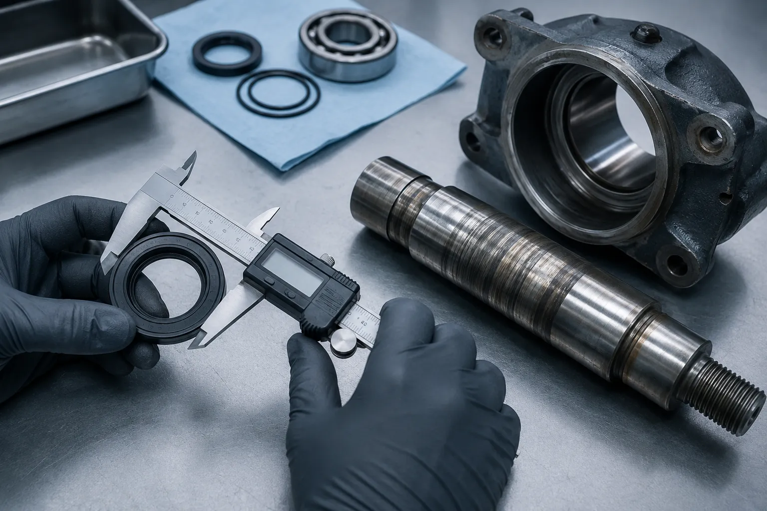Technician inspecting shaft wear and measuring a replacement oil seal before installation