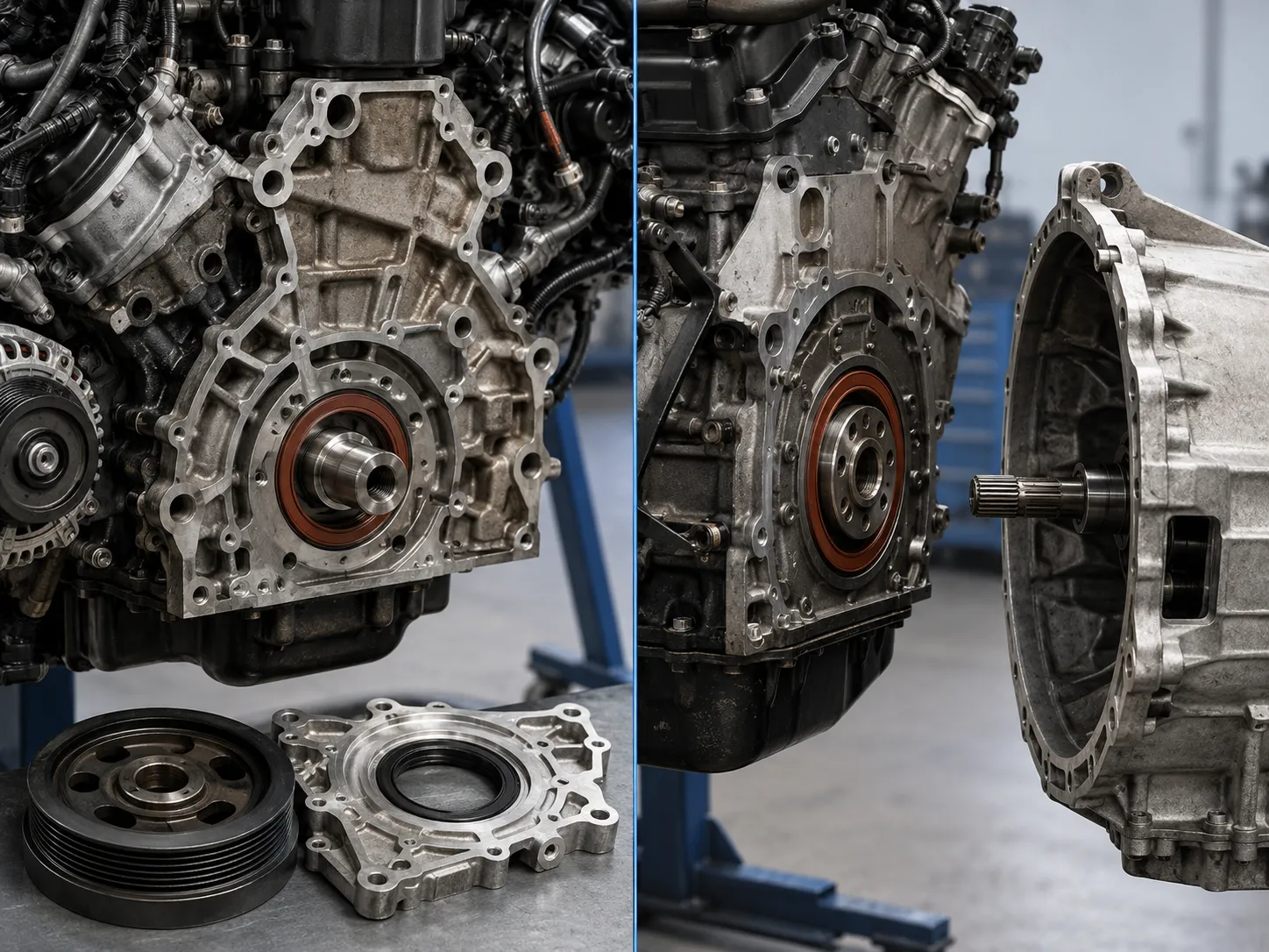 Front and Rear Crankshaft Seal Repair Access Comparison of front crankshaft seal access and rear main seal access