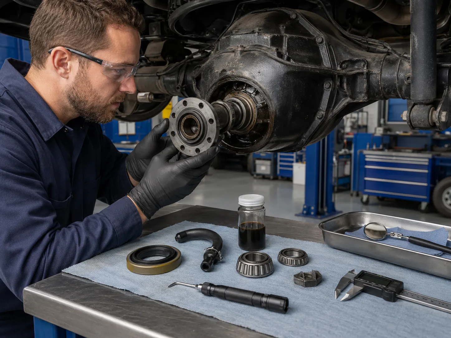 Technician inspecting a differential pinion flange, breather, gear oil level, and replacement seal before repair