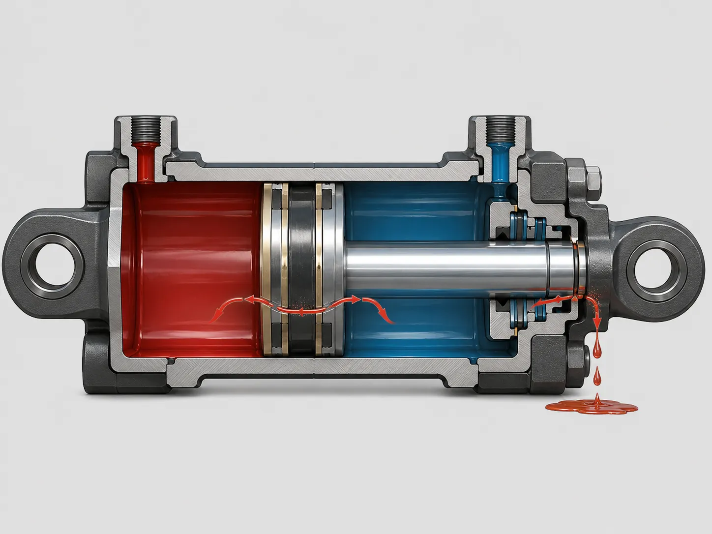 Hydraulic cylinder cross-section showing rod seal piston seal wiper guide rings and internal leakage paths