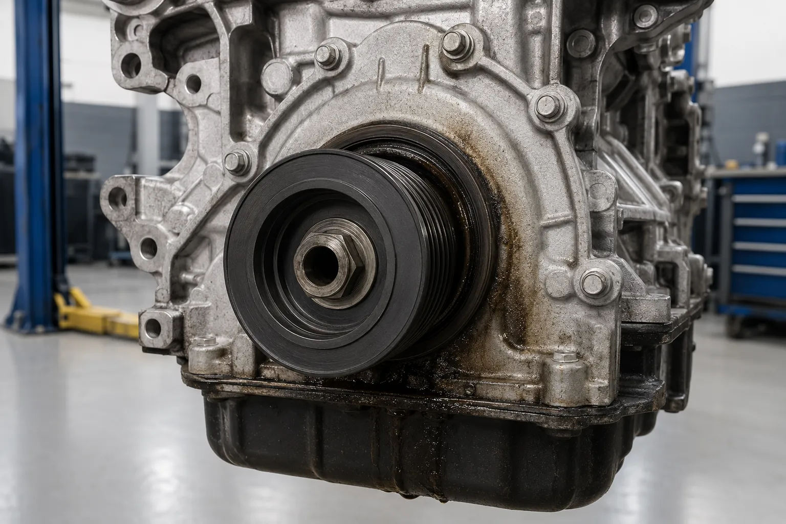 Bad crankshaft oil seal leaking engine oil near the crankshaft pulley