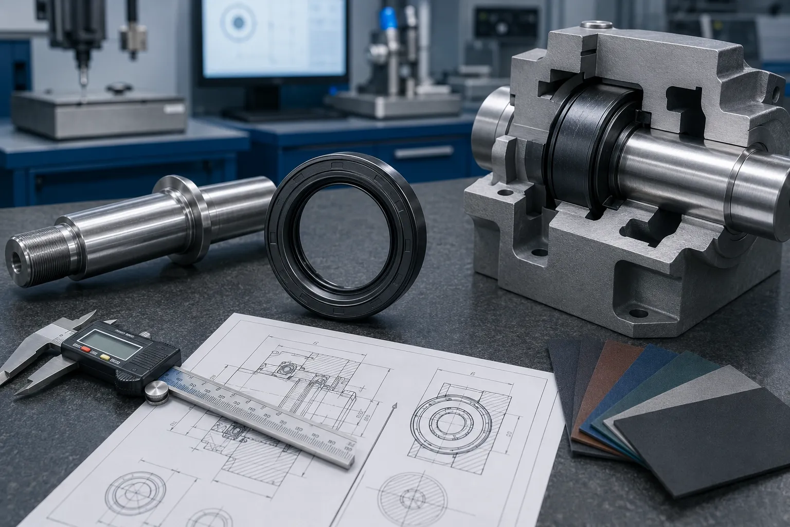 Custom rotary oil seal sample with shaft components, caliper, and technical drawing