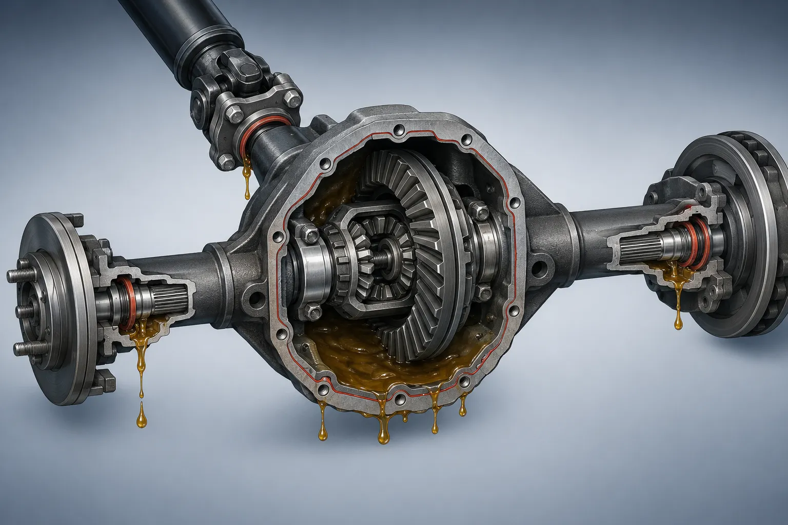 Rear differential showing pinion seal axle shaft seal side seal and cover gasket leak locations