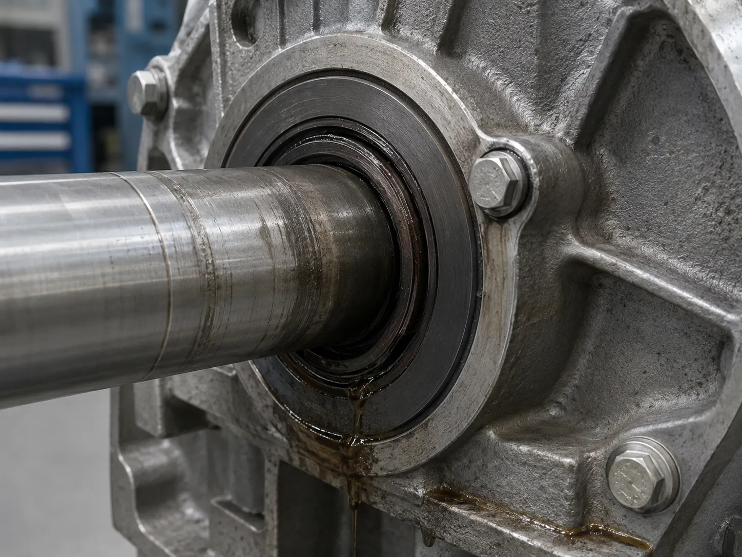 Worn rotary oil seal leaking around a shaft with visible surface wear