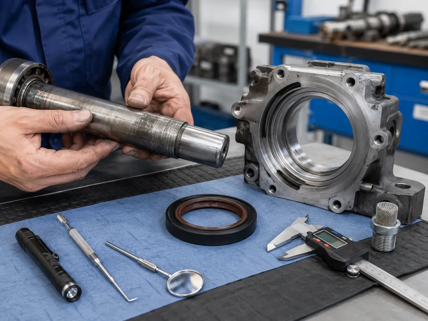 Technician checking shaft wear, housing condition, and replacement oil seal before installation