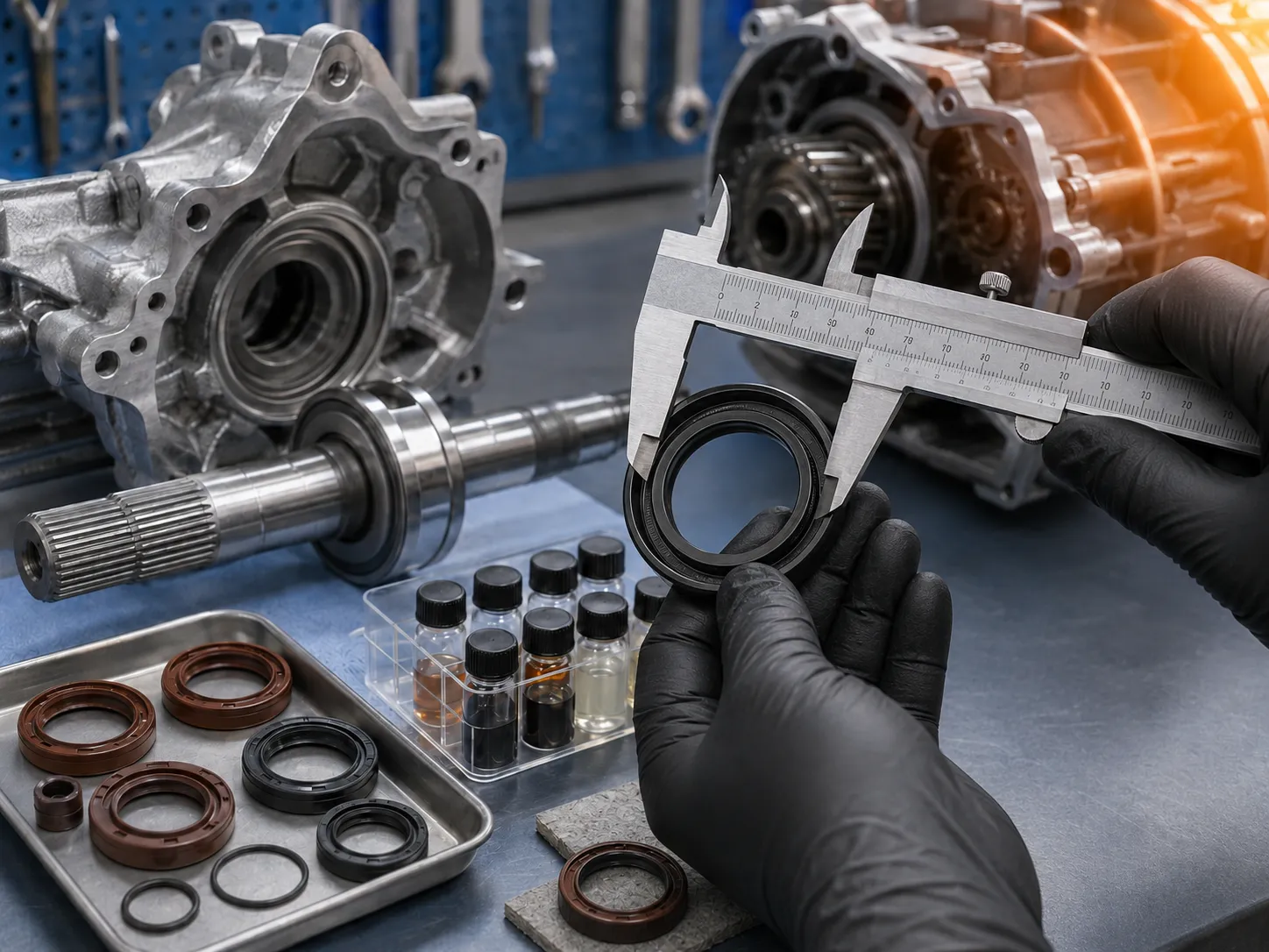 Technician measuring an oil seal and checking application conditions before material selection