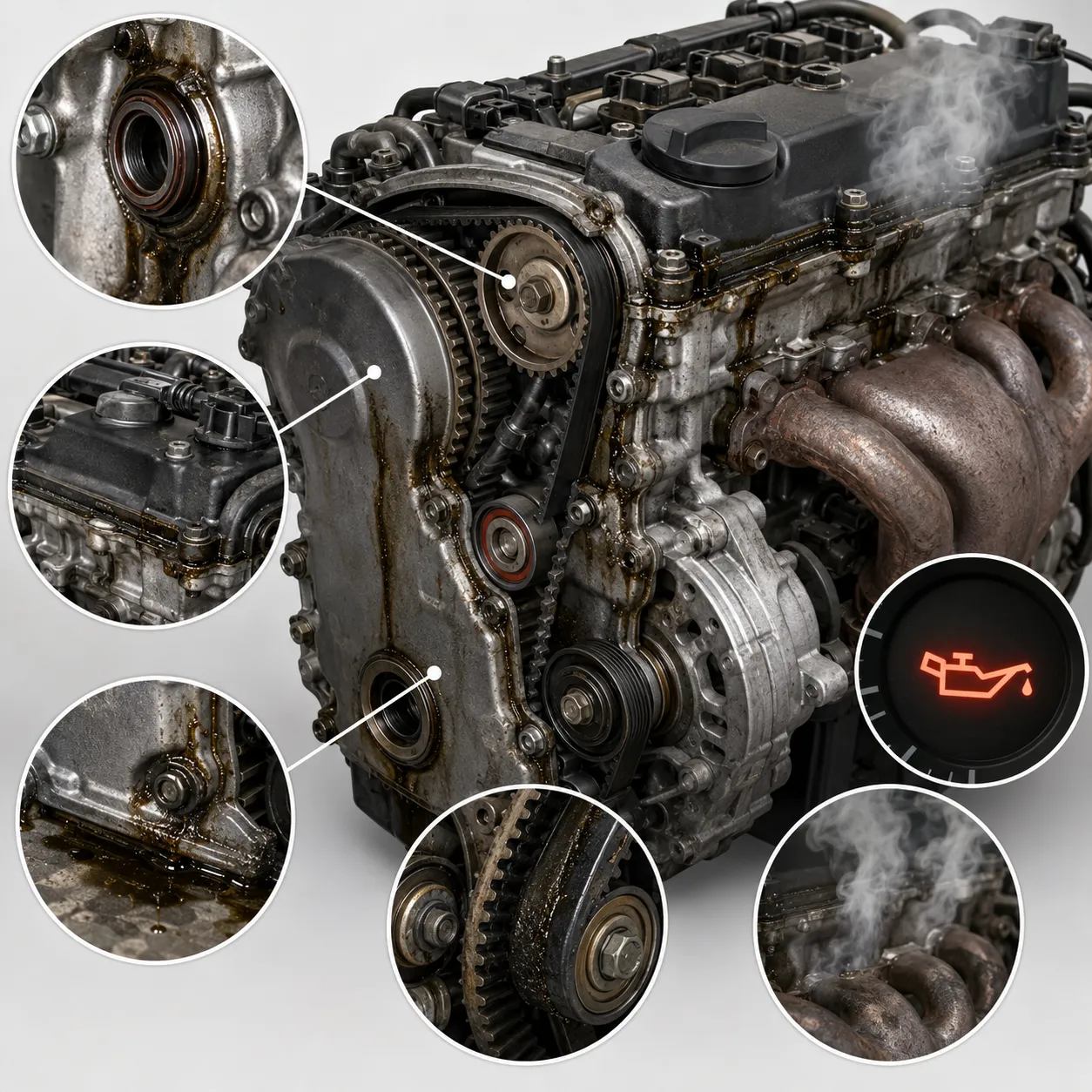 Common Camshaft Seal Leak Symptoms Common camshaft seal leak symptoms including oil near the timing cover and burning oil smell