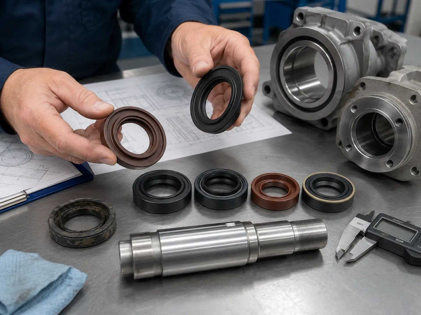 Oil Seal Selection by Size Material and Lip Design Technician comparing oil seal sizes materials and lip designs before selecting a replacement