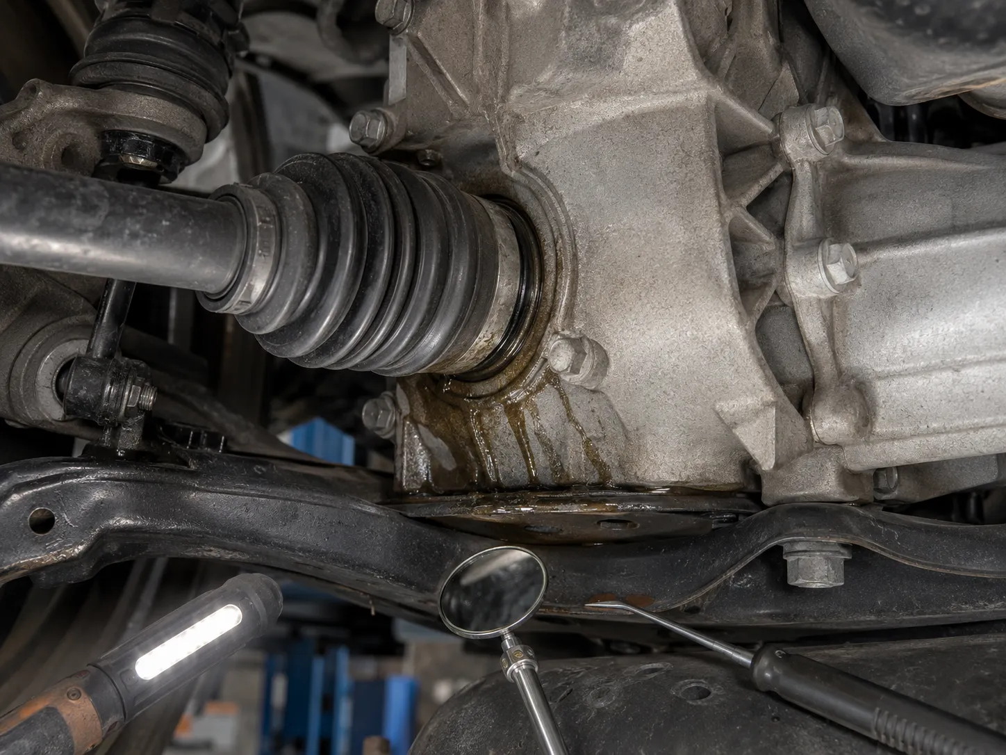 Inner CV axle and transaxle housing showing a leaking axle seal during inspection