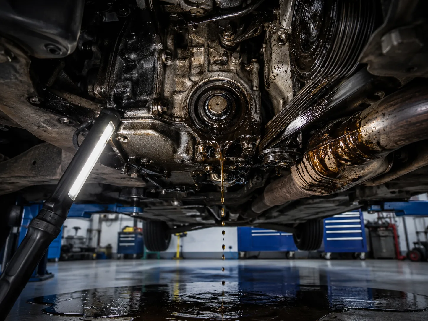 Vehicle inspection showing heavy oil leakage, fluid puddle, smoke risk area, and warning signs