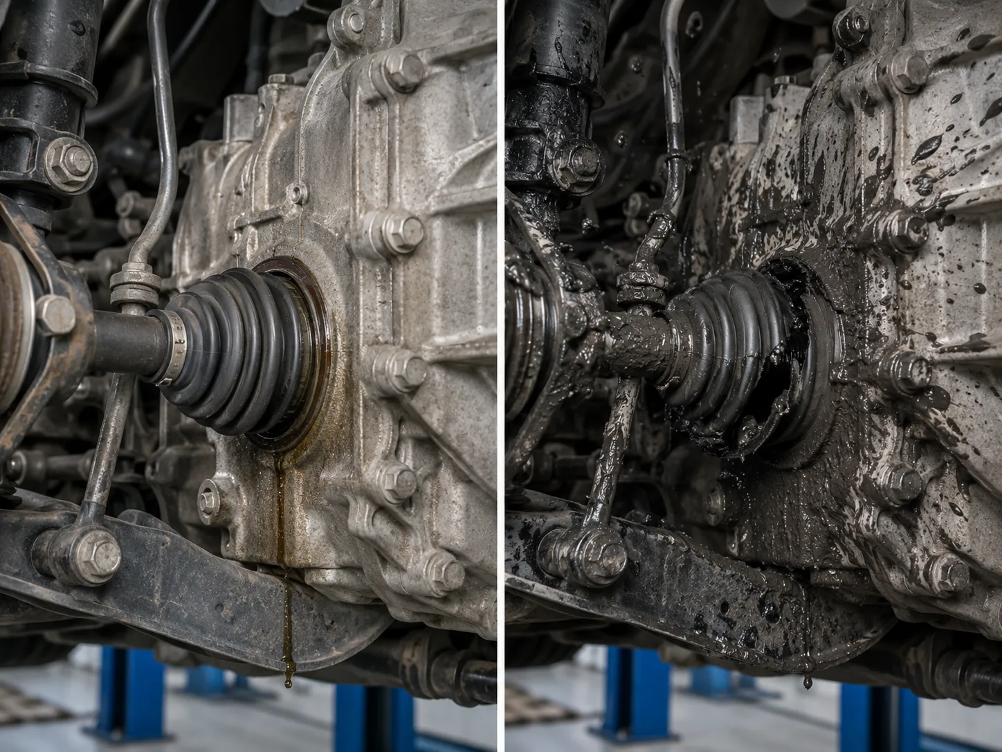 Axle Seal Leak and CV Boot Leak Comparison Comparison of transmission fluid leaking from an axle seal and grease leaking from a torn CV boot