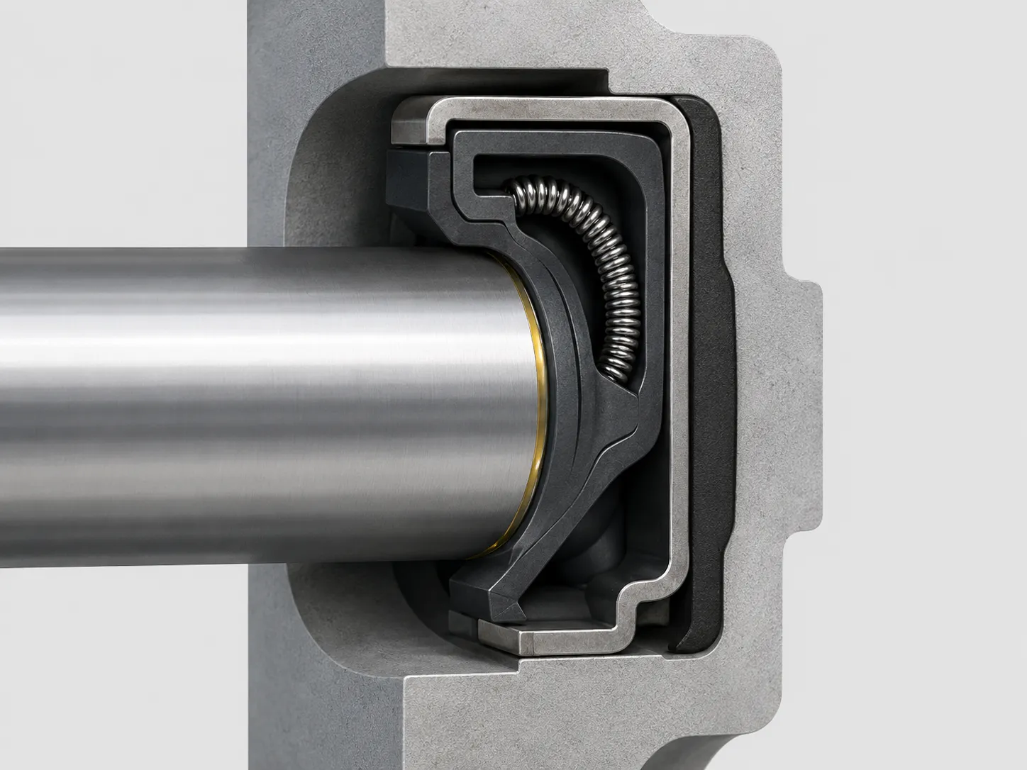 Rotary Oil Seal Basic Structure Cross-section of a rotary oil seal showing the sealing lip, spring, shaft, and housing