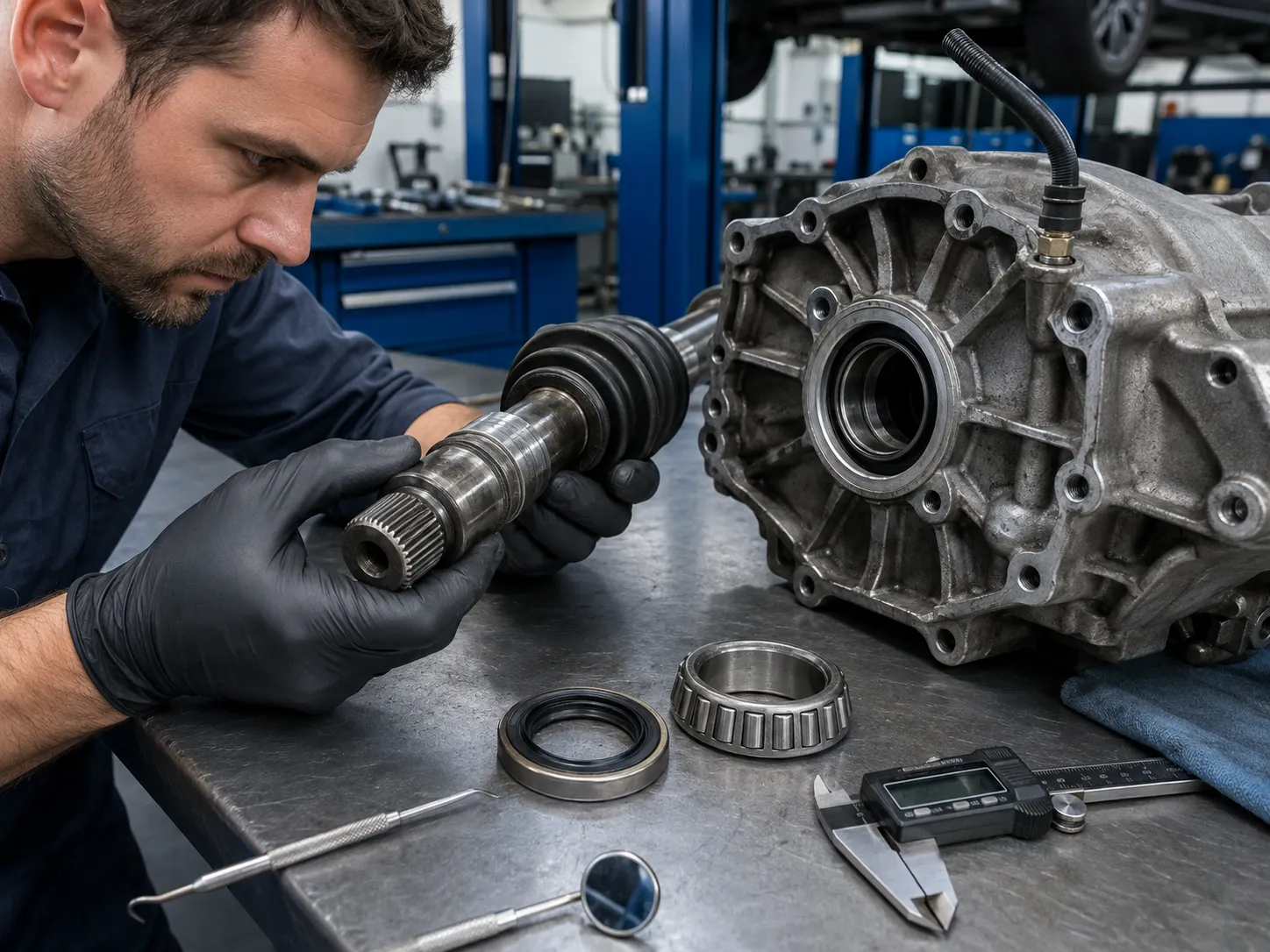Axle Seal Leak Diagnosis Before Replacement Technician inspecting an axle shaft surface, seal housing, bearing area, breather, and replacement axle seal
