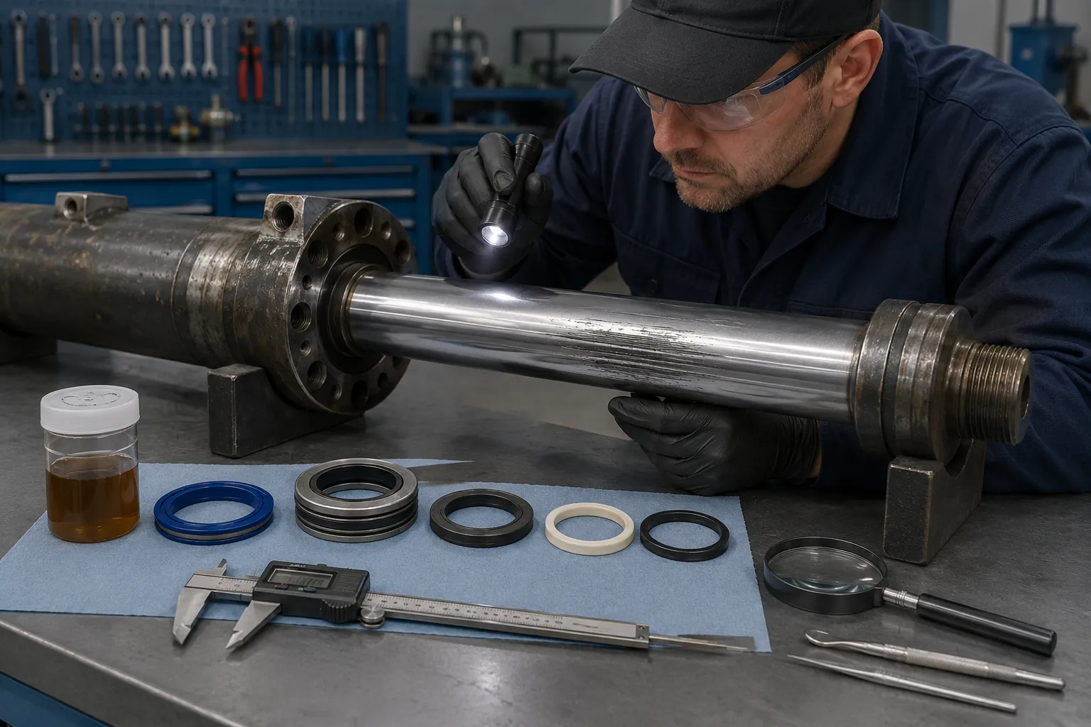 Technician inspecting a hydraulic cylinder rod piston seal wiper guide ring and contaminated hydraulic fluid before repair