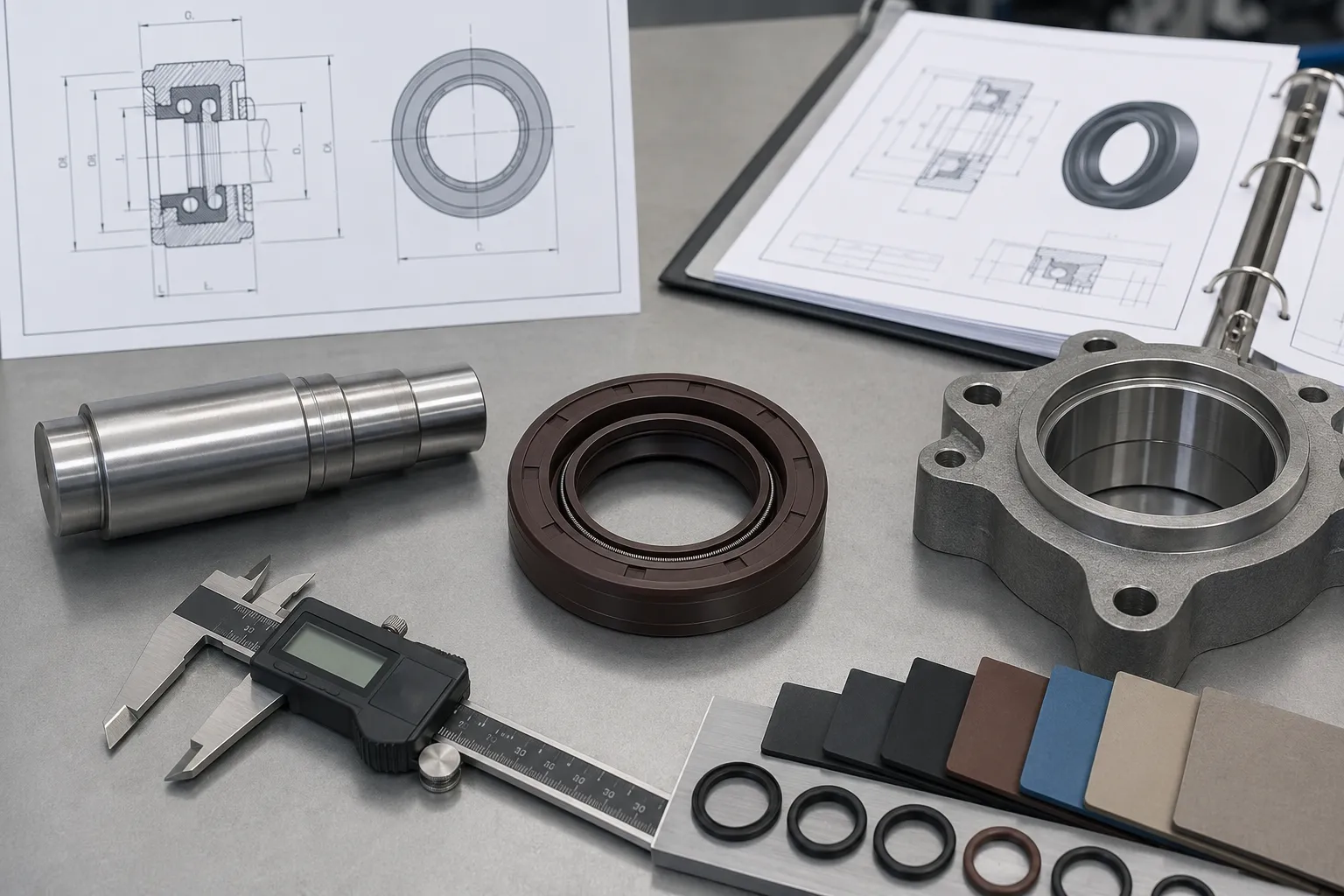 Oil seal sample with caliper measurements and material selection details