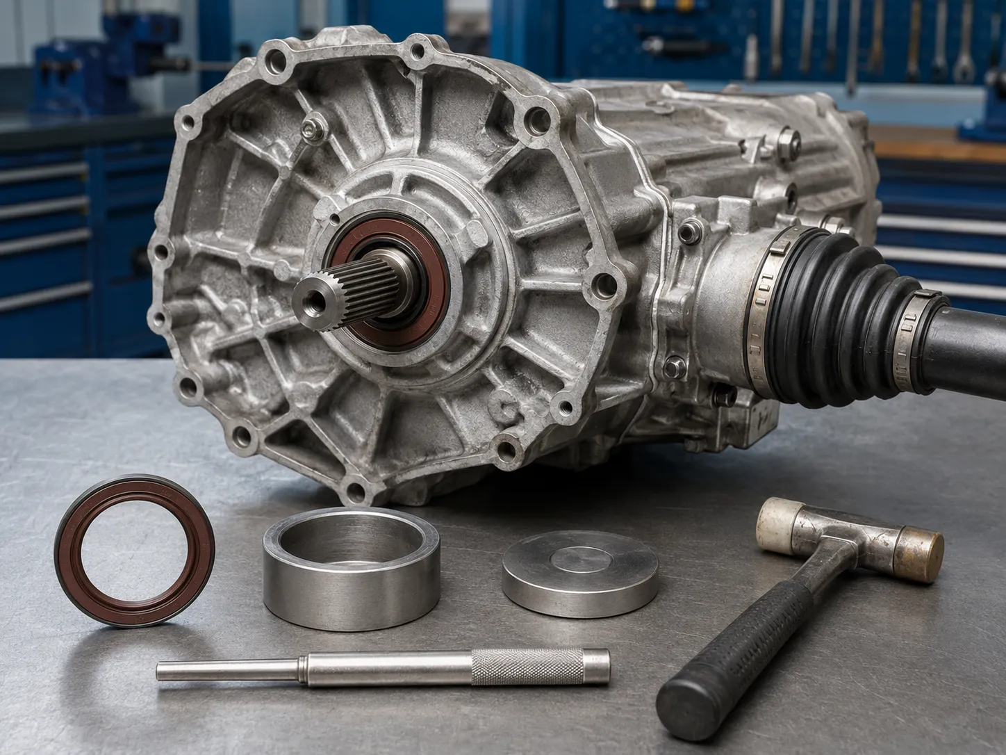 Transmission oil seal replacement near an automotive output shaft and axle connection