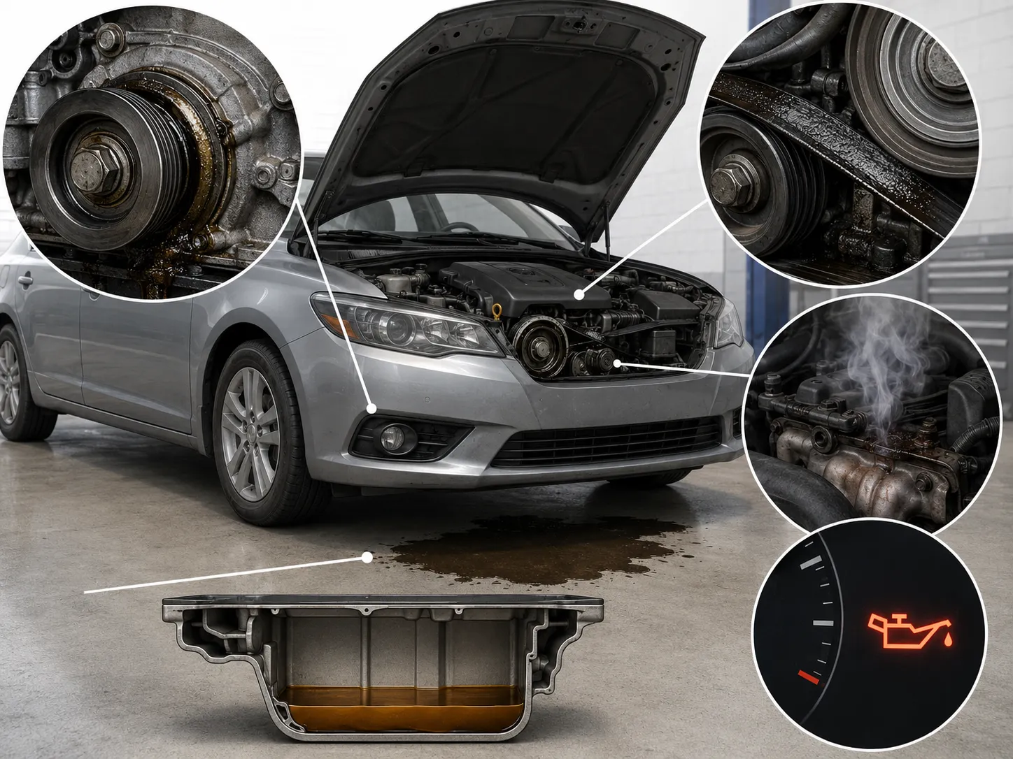 Common Crankshaft Oil Seal Leak Symptoms Common symptoms of a bad crankshaft oil seal including oil stains and burning oil smell