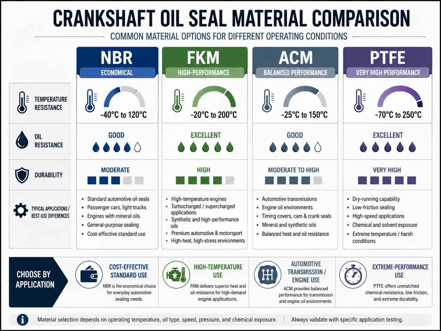 Choosing the Right Crankshaft Oil Seal Material Crankshaft oil seal material comparison chart for NBR, FKM, ACM, and PTFE
