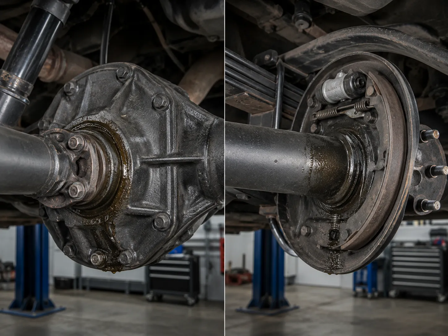 Comparison of a differential pinion seal near a driveshaft flange and an axle shaft seal near a wheel end