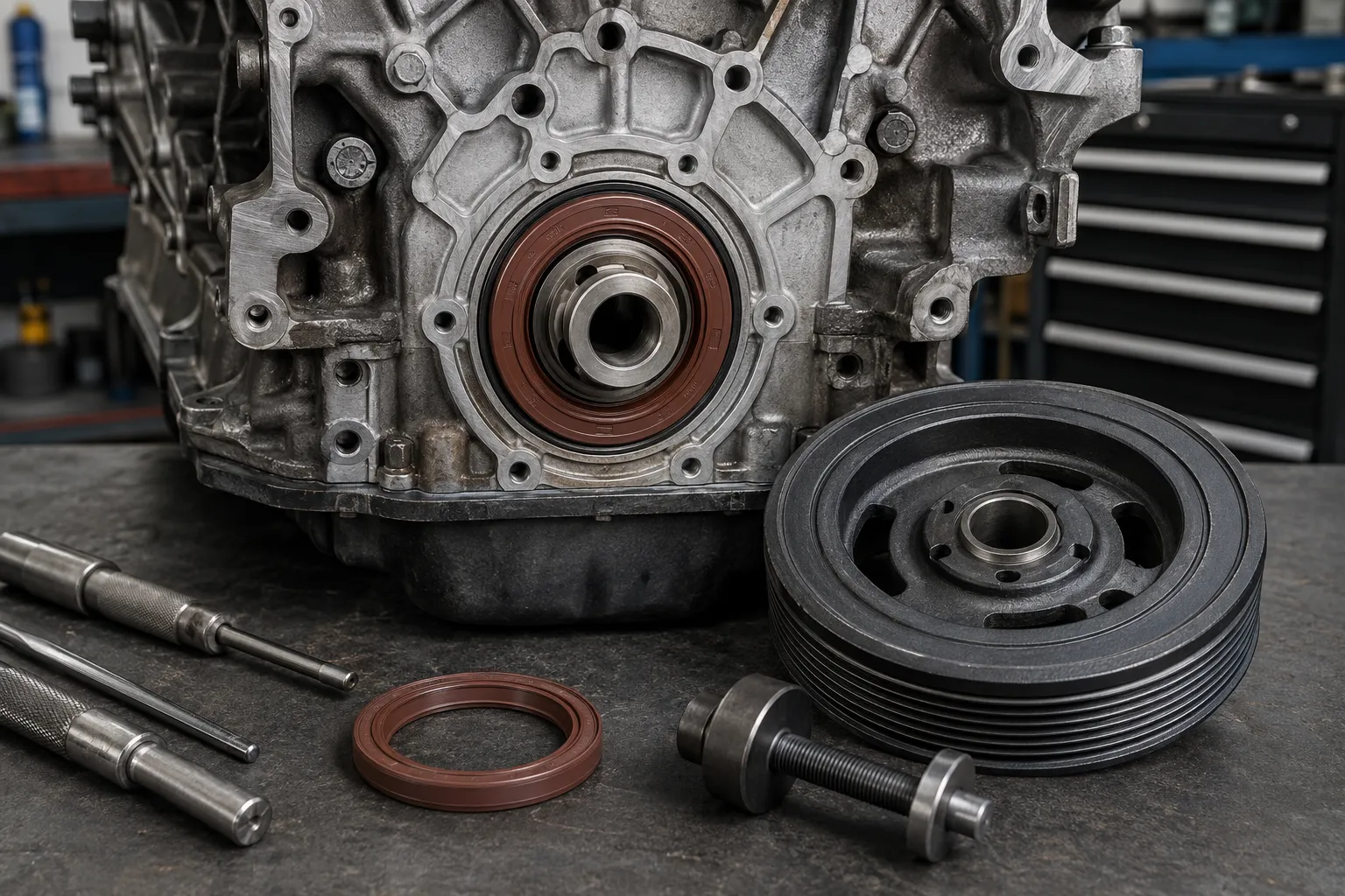 Crankshaft oil seal replacement preparation near the front engine pulley