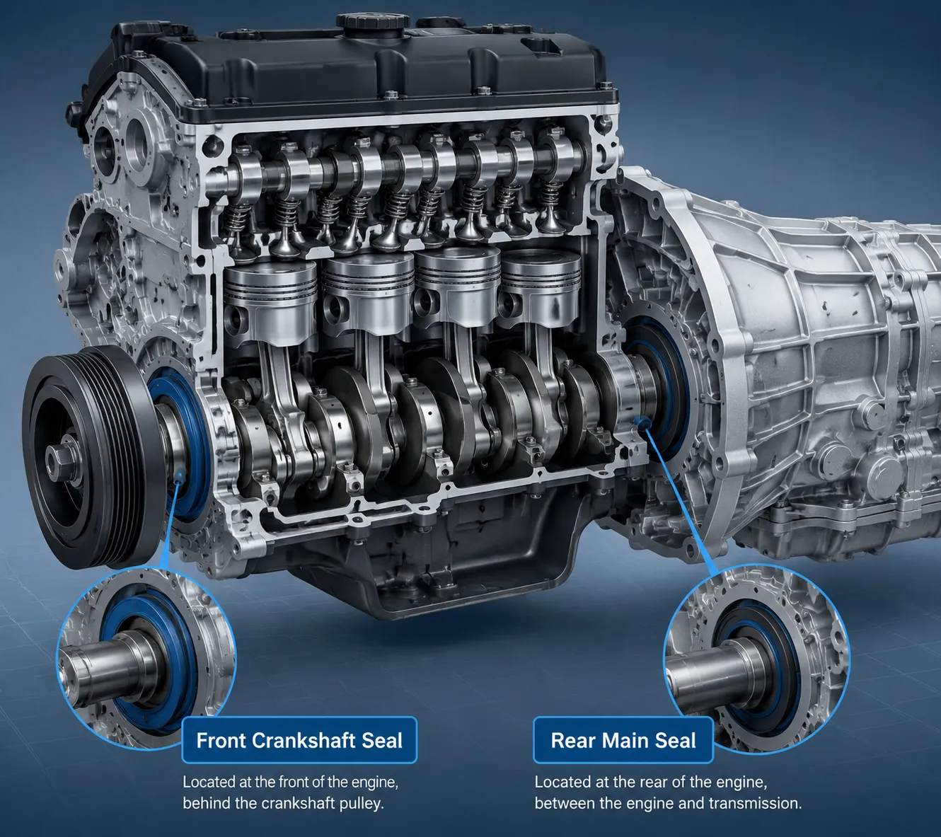 Front and rear crankshaft oil seals Cutaway engine showing front crankshaft seal and rear main seal positions in automotive engine