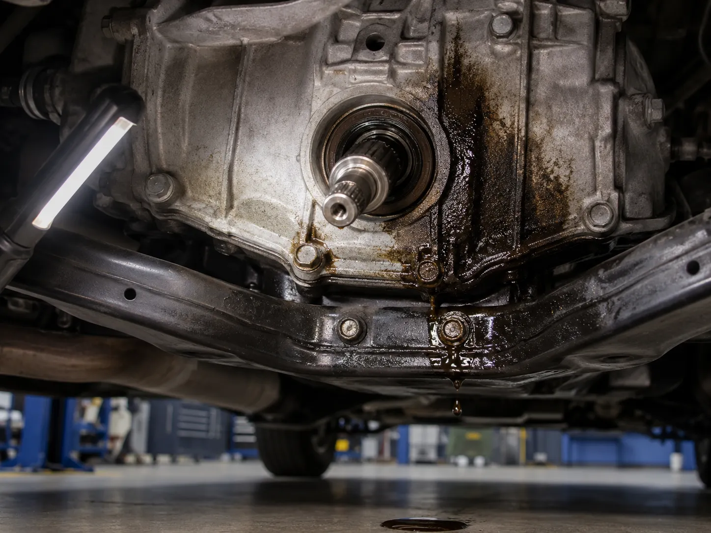 Vehicle underside showing a leaking oil seal near a rotating shaft during inspection
