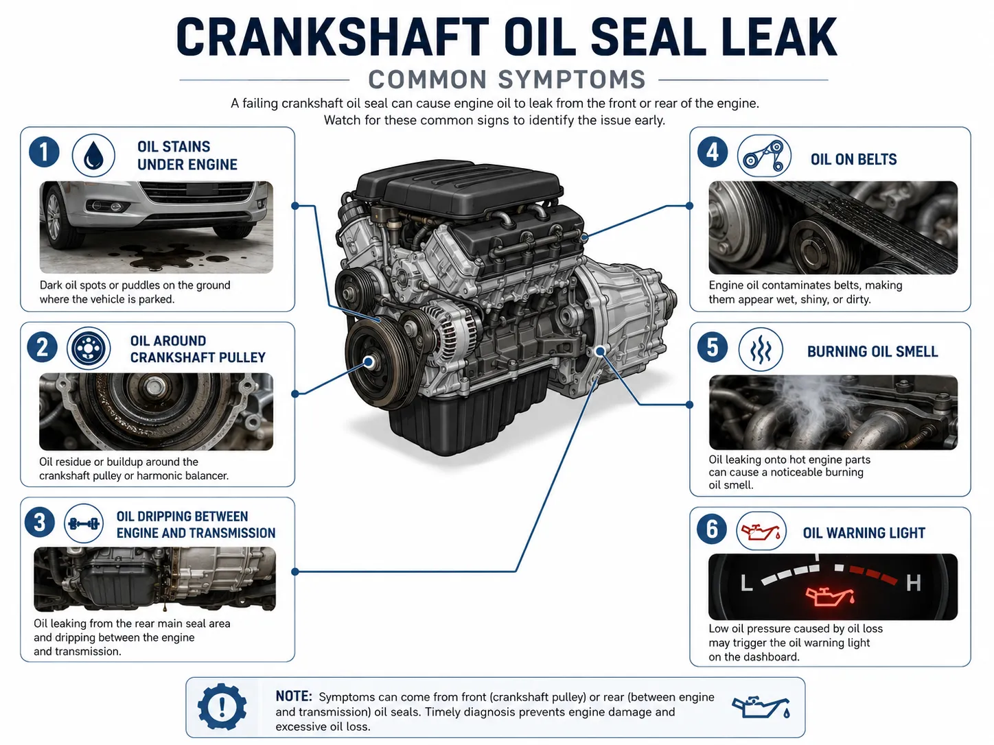 Common symptoms of a crankshaft oil seal leak Common symptoms of a crankshaft oil seal leak including oil stains, pulley oil buildup, oil on belts, burning oil smell, and warning light
