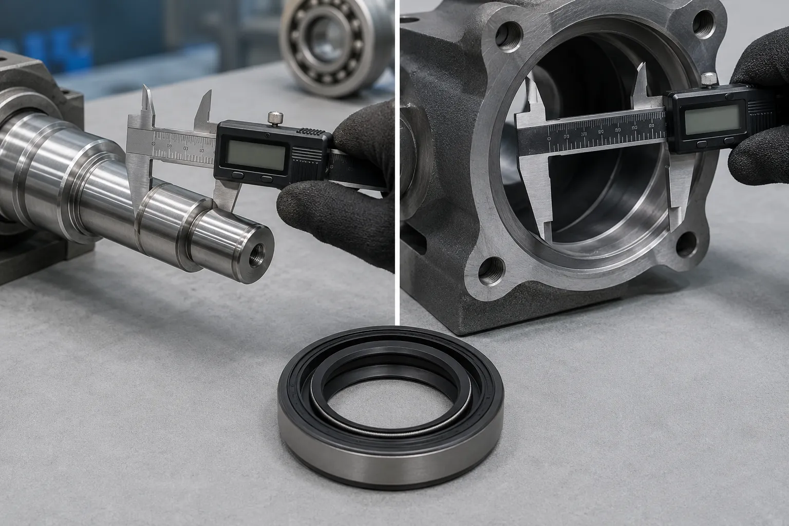 Measuring Shaft and Housing Bore for an Oil Seal Digital caliper measuring a shaft diameter and housing bore before selecting an oil seal