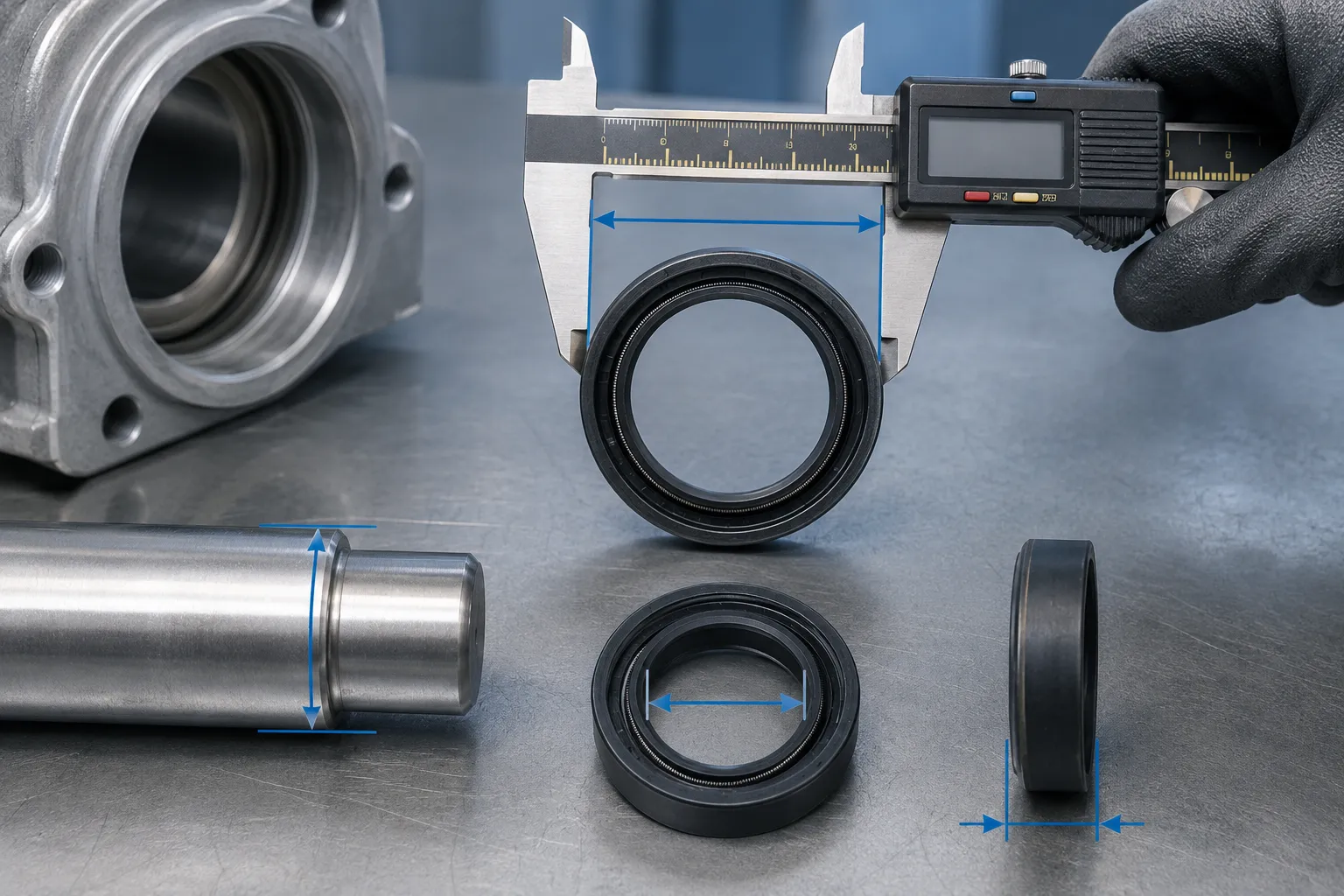 Digital caliper measuring the outer diameter of a rotary oil seal beside shaft and housing components