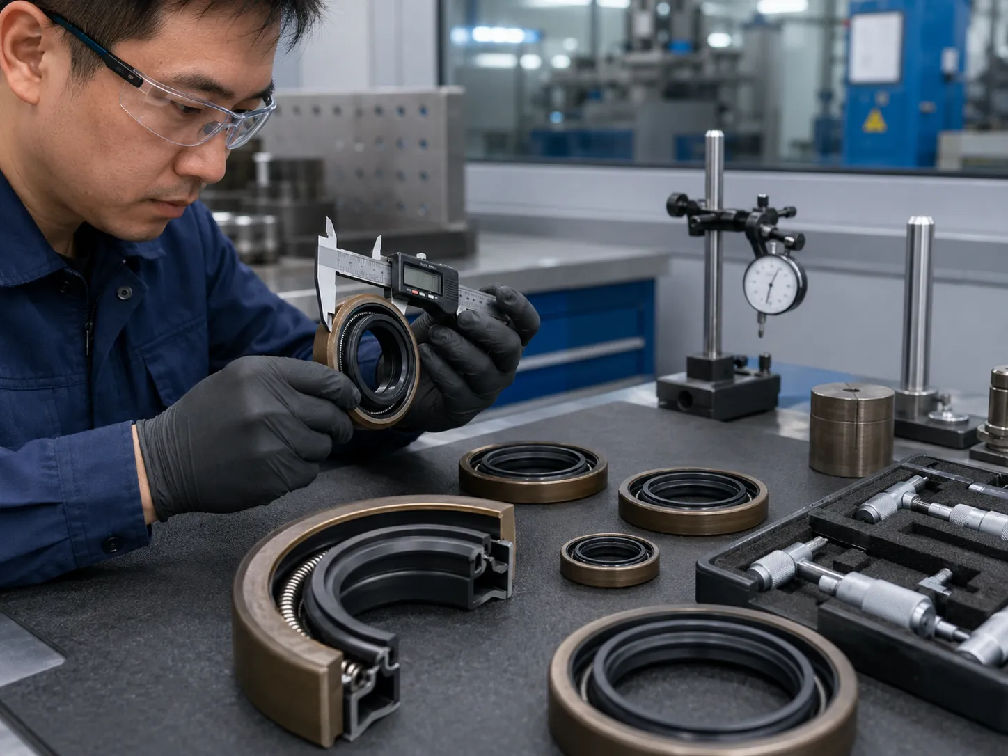 Quality inspector checking rotary oil seal dimensions, sealing lip, and spring condition