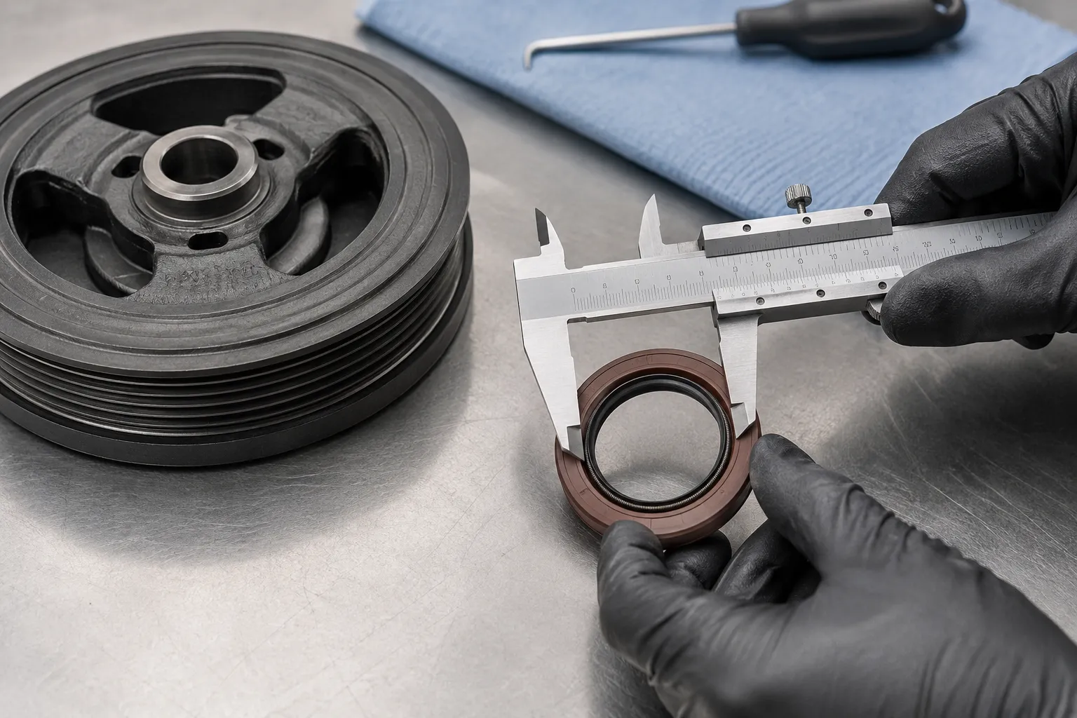 Crankshaft Oil Seal Replacement Preparation Measuring a replacement crankshaft oil seal before installation
