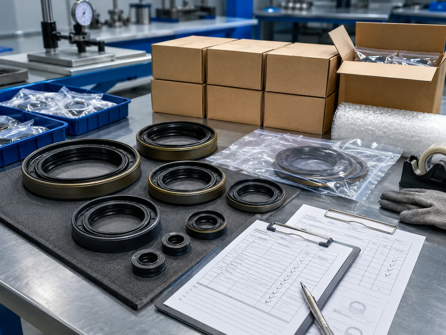 Approved oil seal samples with organized packaging and product labels