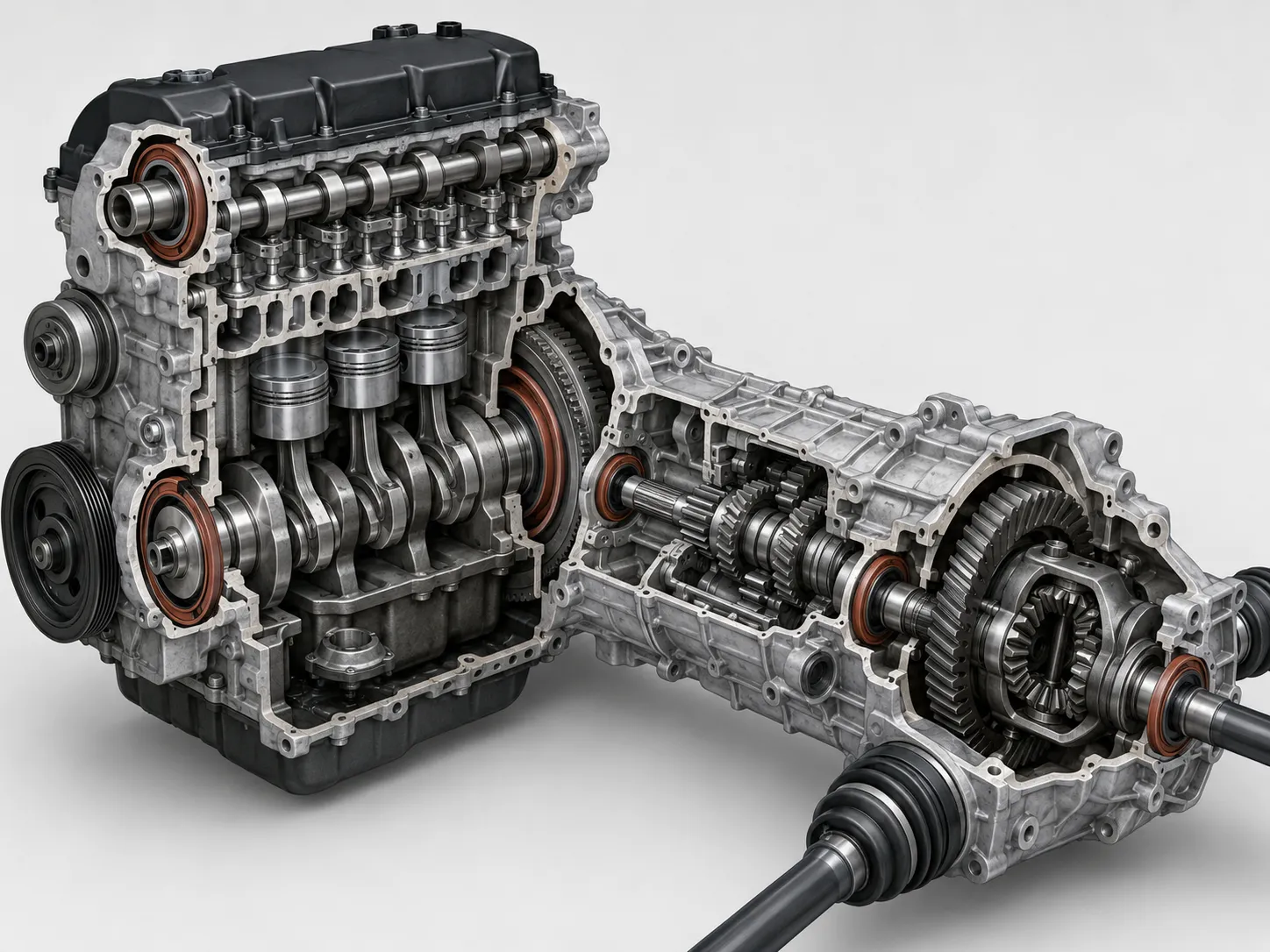 Engine and transmission diagram showing common crankshaft camshaft transmission axle and differential seal locations