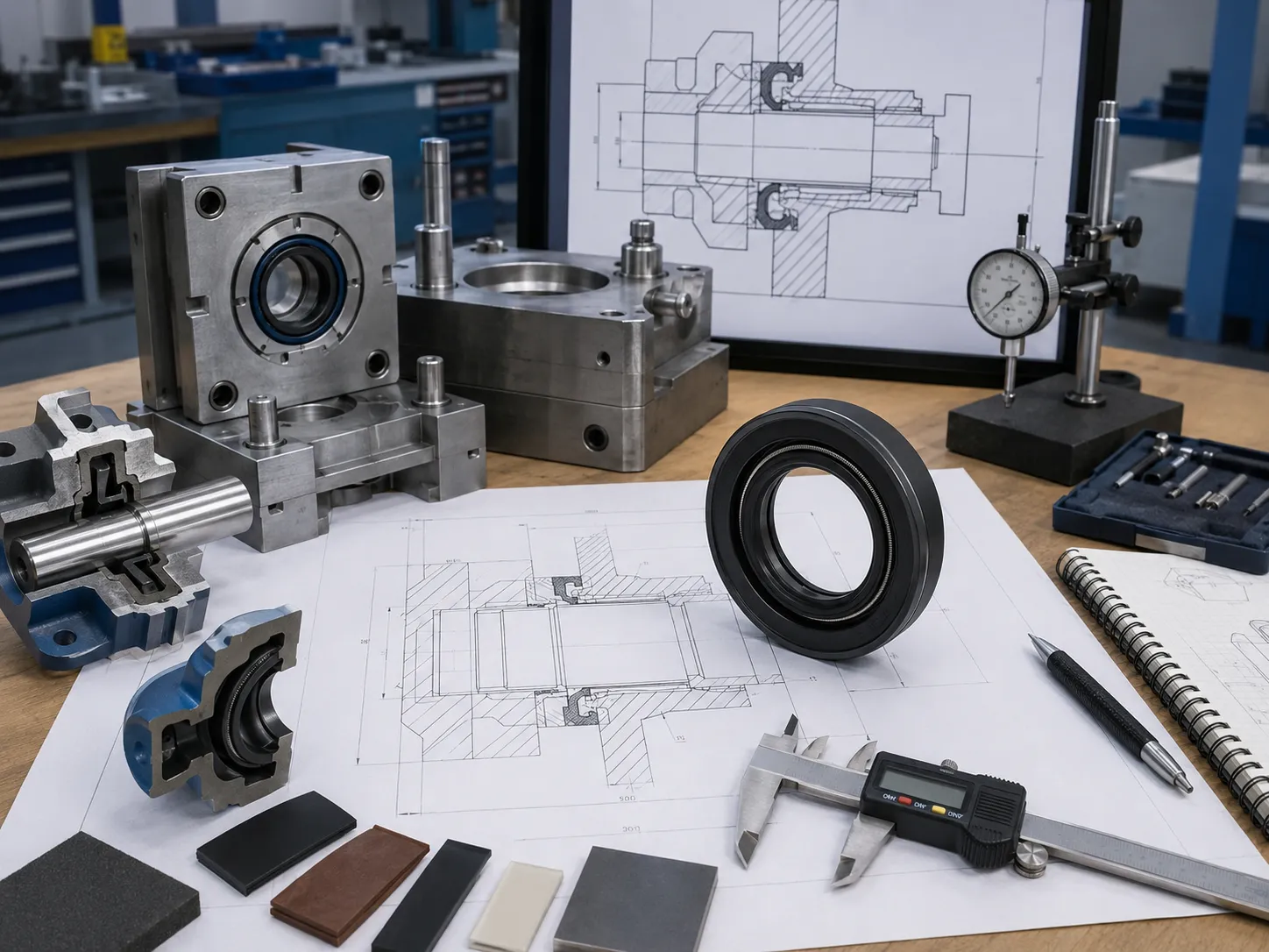 Custom oil seal sample drawing mold components and shaft housing measurements prepared for design review