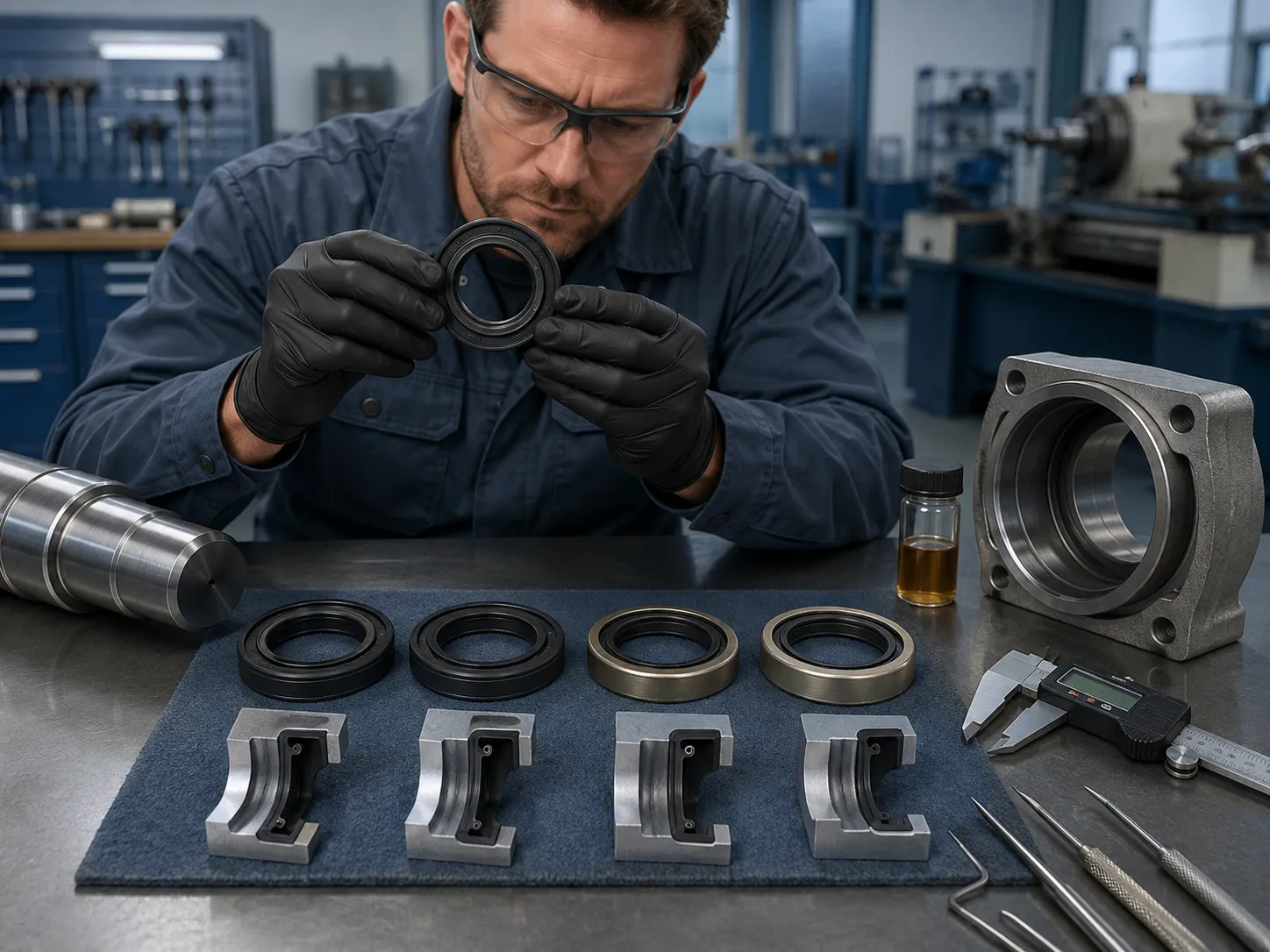 Technician reviewing oil seal sample shaft condition housing bore and measurement tools before selecting TC SC TB or SB type