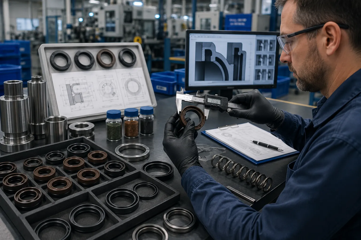 Technician inspecting rotary oil seals with measuring tools and organized production materials