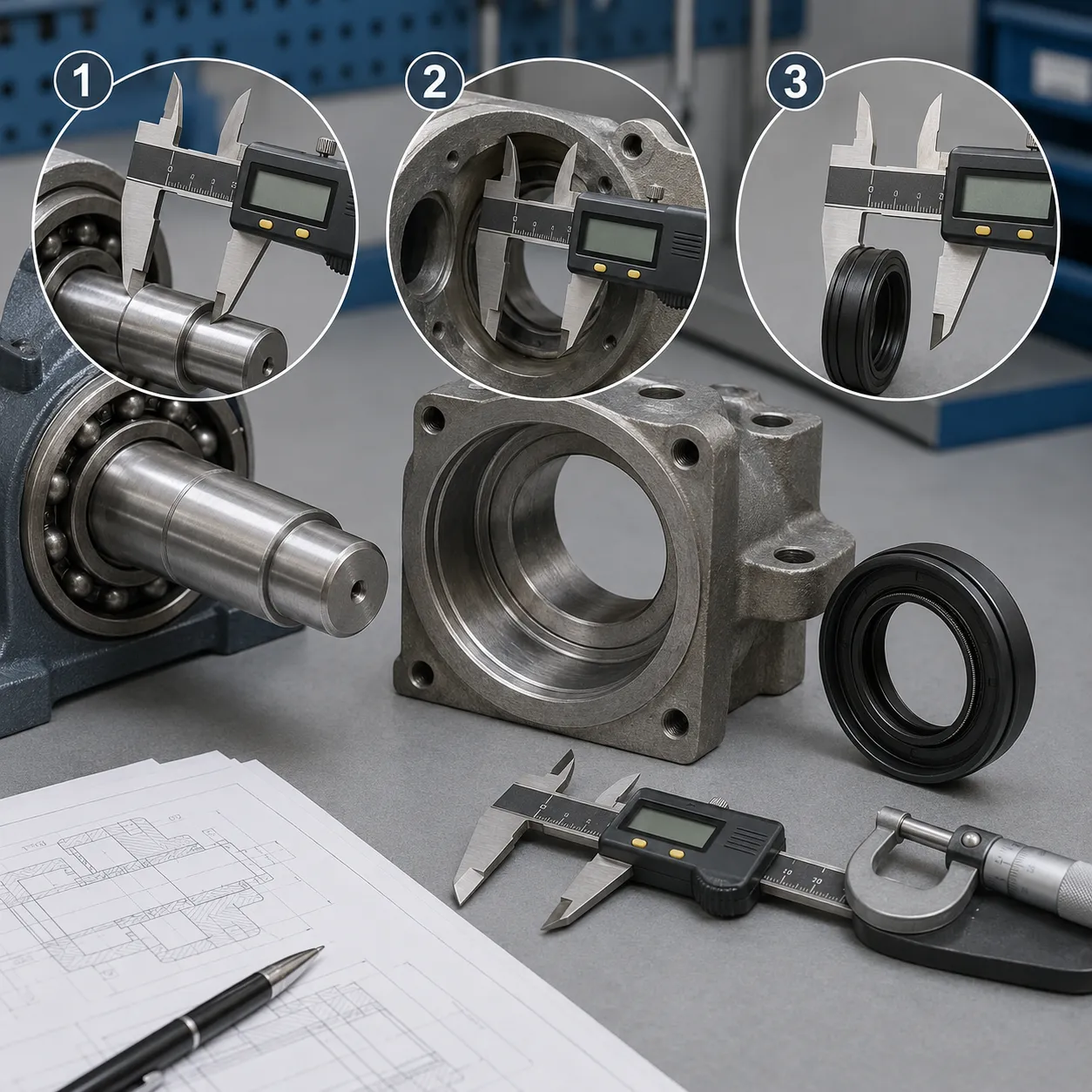 Digital caliper measuring shaft diameter housing bore and oil seal width