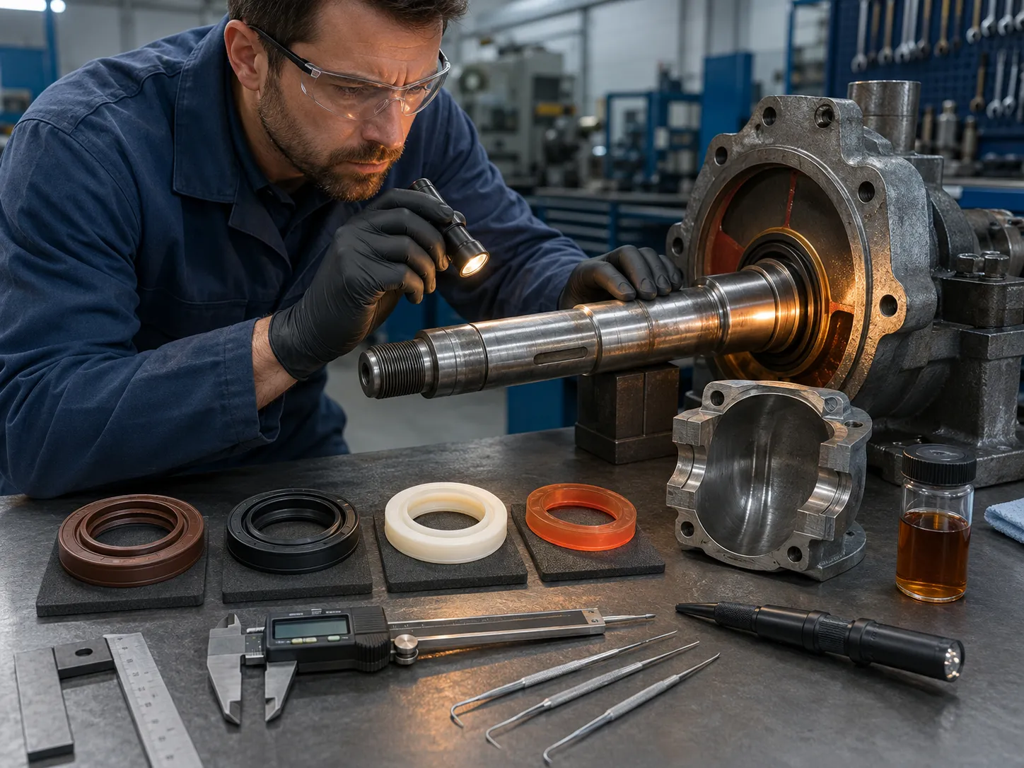 High-Temperature Oil Seal Application Review Before Selection Technician reviewing shaft condition fluid sample seal materials and measurements before selecting a high-temperature oil seal