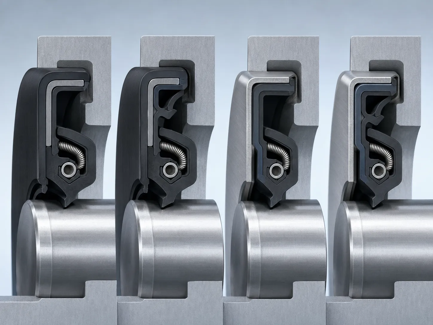 Cross-section comparison of TC SC TB and SB oil seals showing main lip dust lip rubber outer diameter and metal case