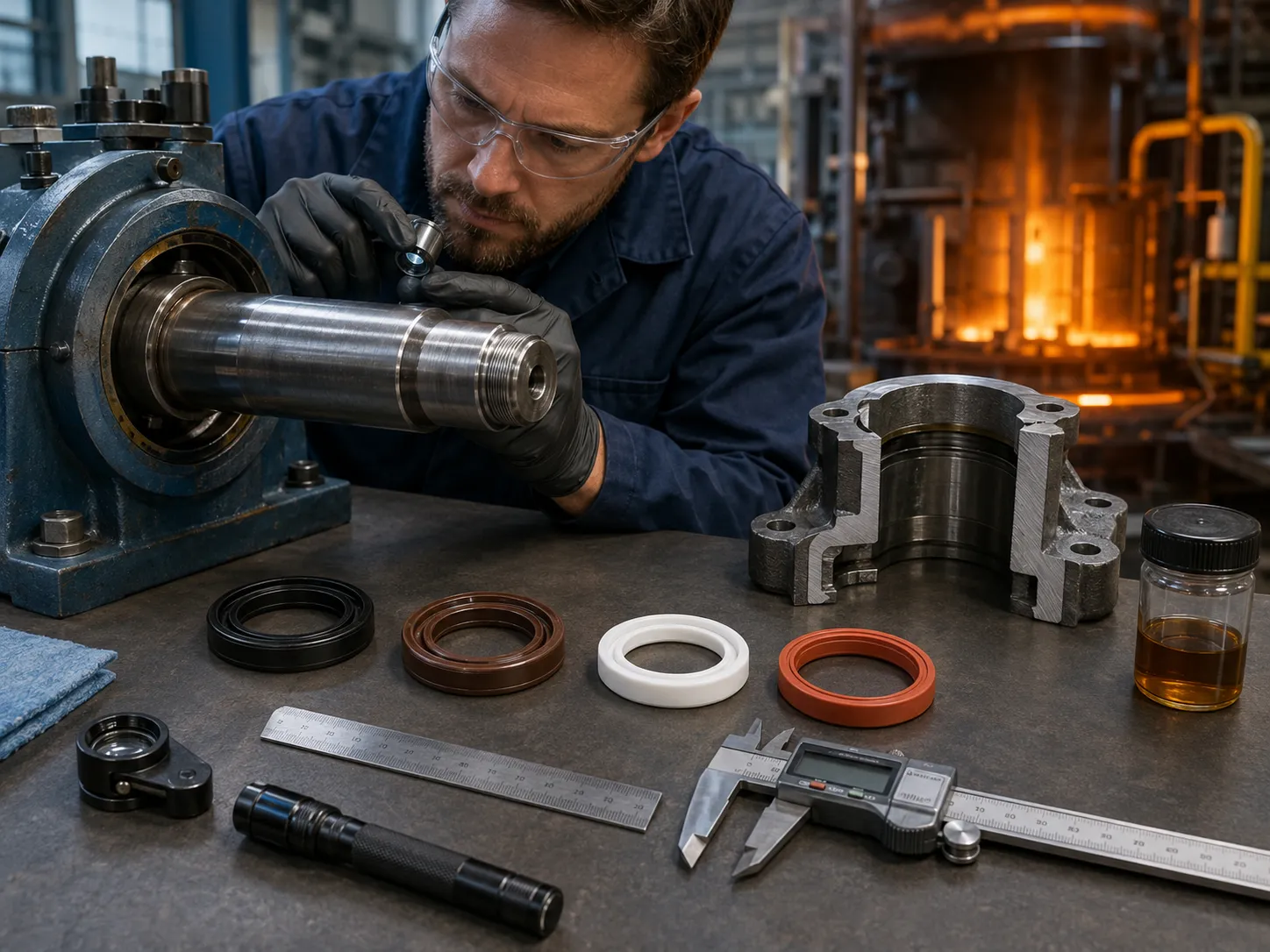 Technician reviewing shaft condition fluid sample seal materials and measurements before selecting a high-temperature oil seal