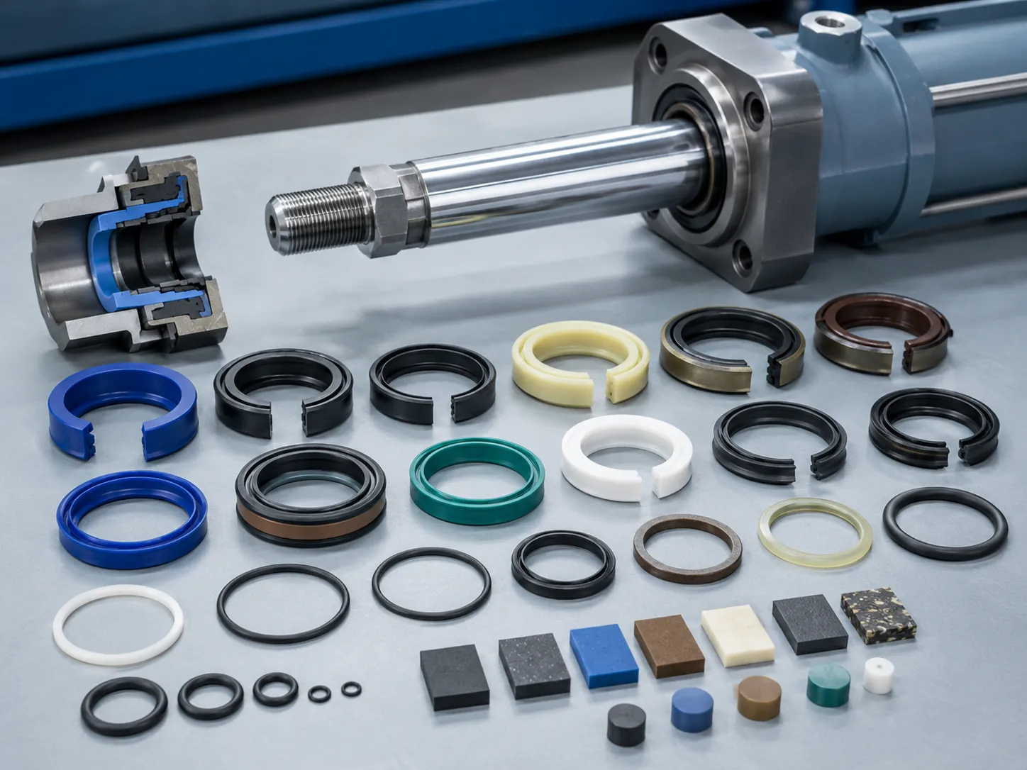 Hydraulic Seal Kit Materials and Component Selection Hydraulic rod seal piston seal wiper guide ring and backup ring components arranged for material selection